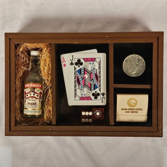 A Gamblers Shadowbox For Mancave - Blackjack Dice Matches Coin Drink -Wall Hung - Picture 1 of 8